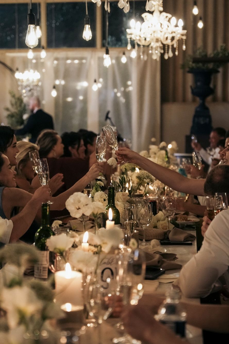 Guests raising their glasses at a candlelit table